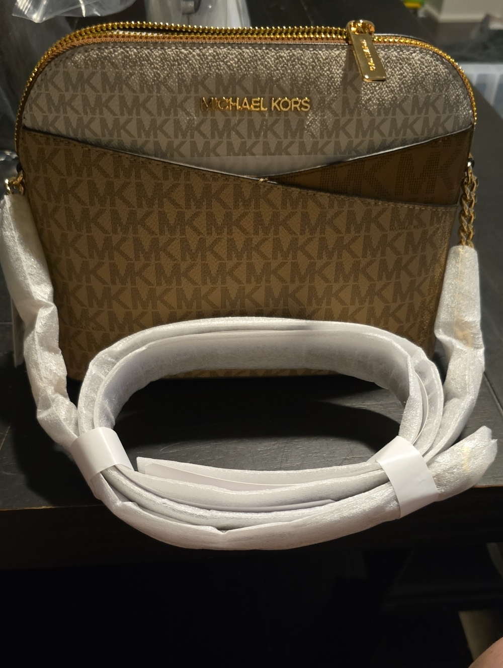 NWT Camel Multi MK Logo Jet Set Dome Crossbody Bag